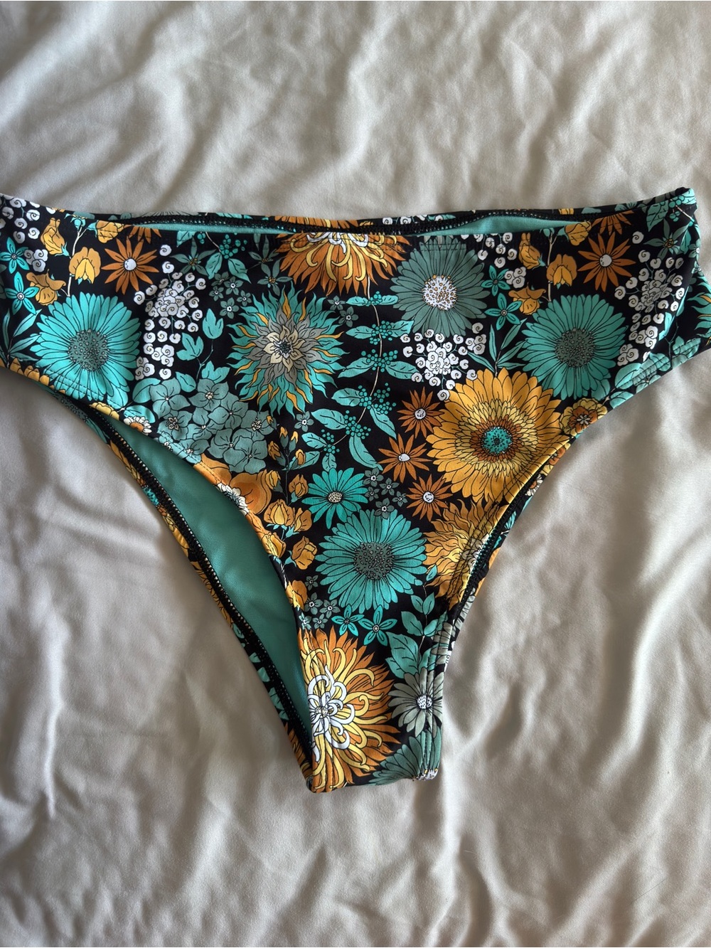 Floral High-Leg Bikini Bottoms in Teal & Yellow by